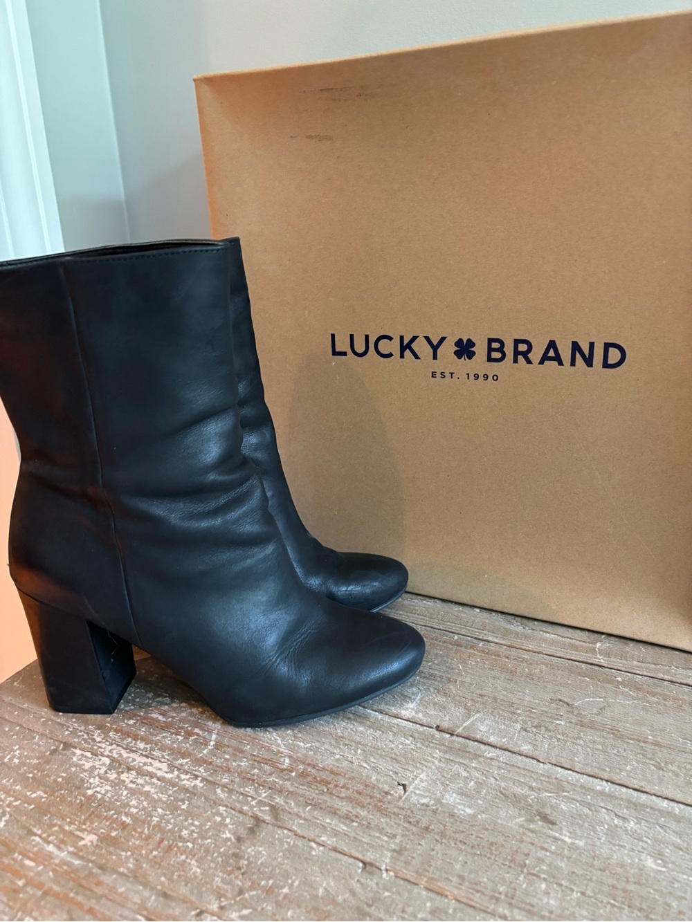 Lucky Brand Black Leather Mid-Calf Block Heel Boots